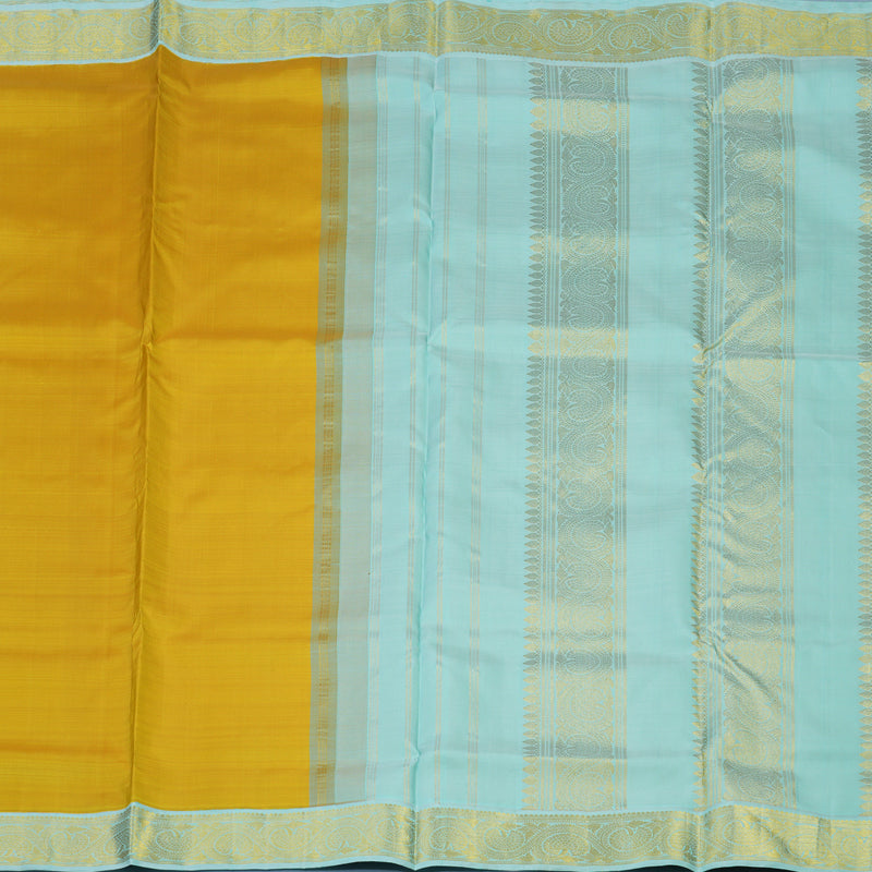 Hayagrivas Handloom Mango Yellow Ten Yards Silk Saree with Powder Blue Border KBE2467C1-10