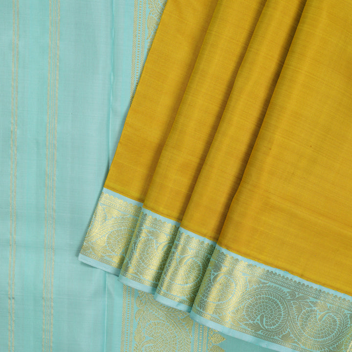 Hayagrivas Handloom Mango Yellow Ten Yards Silk Saree with Powder Blue Border KBE2467C1-10