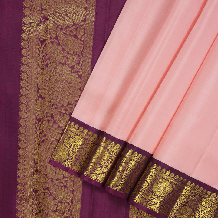Hayagrivas Handloom Peach Pink Ten Yards Silk Saree with Vadamalli Purple Border KBE2467C1-5