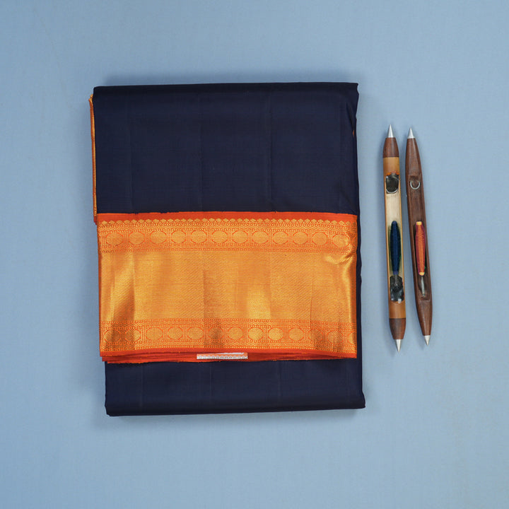 Hayagrivas Handloom Midnight Blue Ten Yards Silk Saree with Orange Border KBE2467C2-1