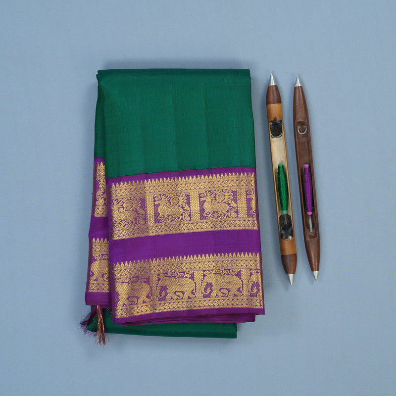 Hayagrivas Handloom Dark Green Kanjivaram Silk Saree with Purple Border KBE2469C1-2