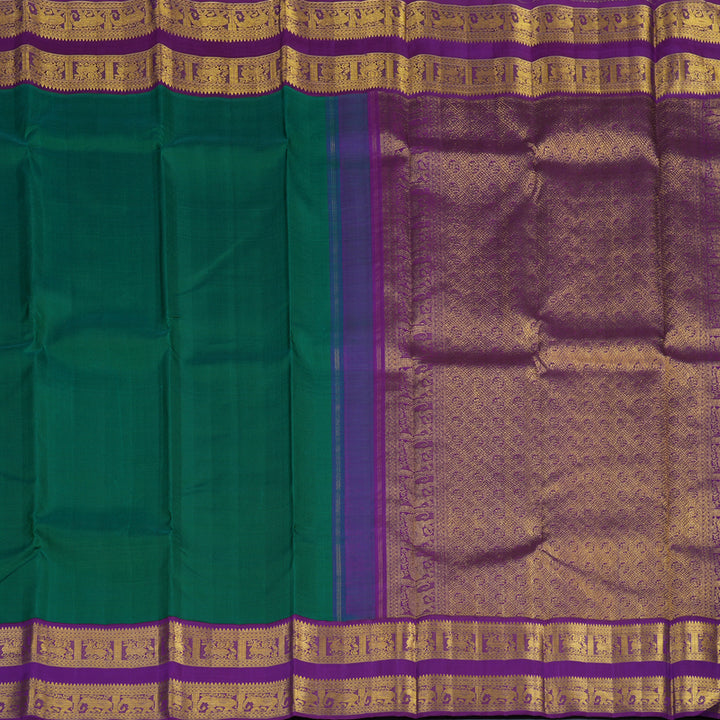 Hayagrivas Handloom Dark Green Kanjivaram Silk Saree with Purple Border KBE2469C1-2