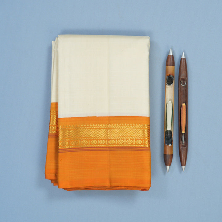 Hayagrivas Handloom Half-White Kanjivaram Silk Saree with Orange Border KBE2473C2-1