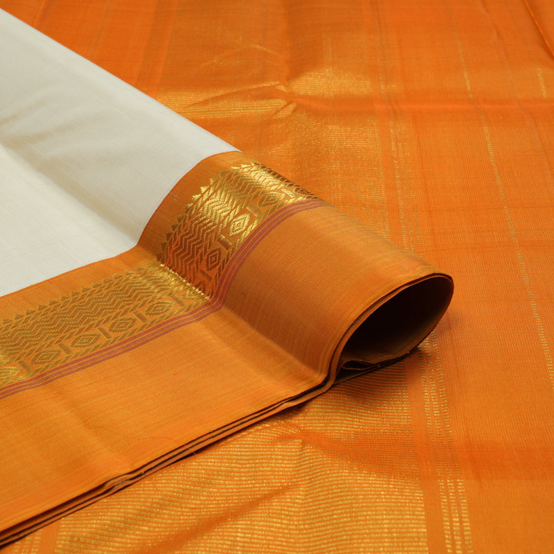Hayagrivas Handloom Half-White Kanjivaram Silk Saree with Orange Border KBE2473C2-1