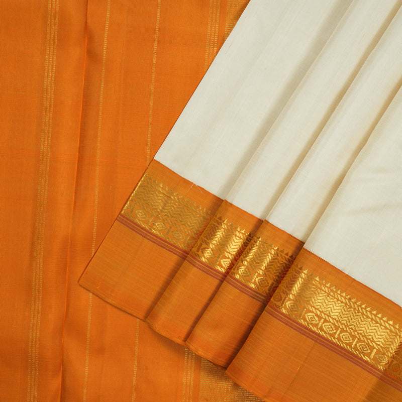Hayagrivas Handloom Half-White Kanjivaram Silk Saree with Orange Border KBE2473C2-1