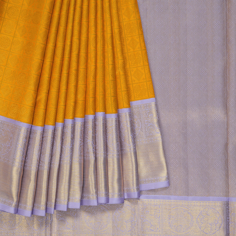 Hayagrivas Handloom Mango Yellow Kanjivaram Silk Saree with Lilac Border KBE2477C5-1