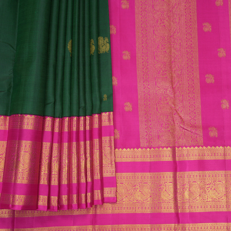 Hayagrivas Handloom Bottle Green Kanjivaram Silk Saree with Rani Pink Border KBE2478C2-2