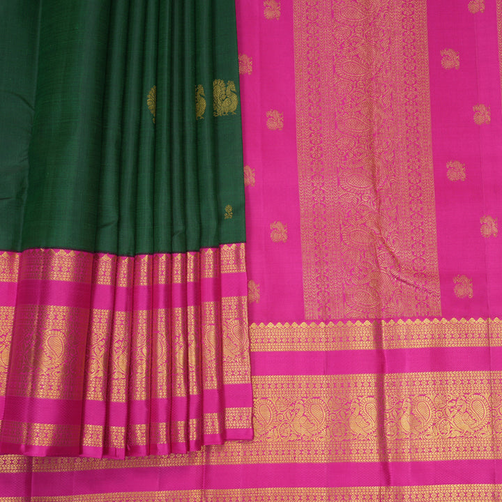 Hayagrivas Handloom Bottle Green Kanjivaram Silk Saree with Rani Pink Border KBE2478C2-2
