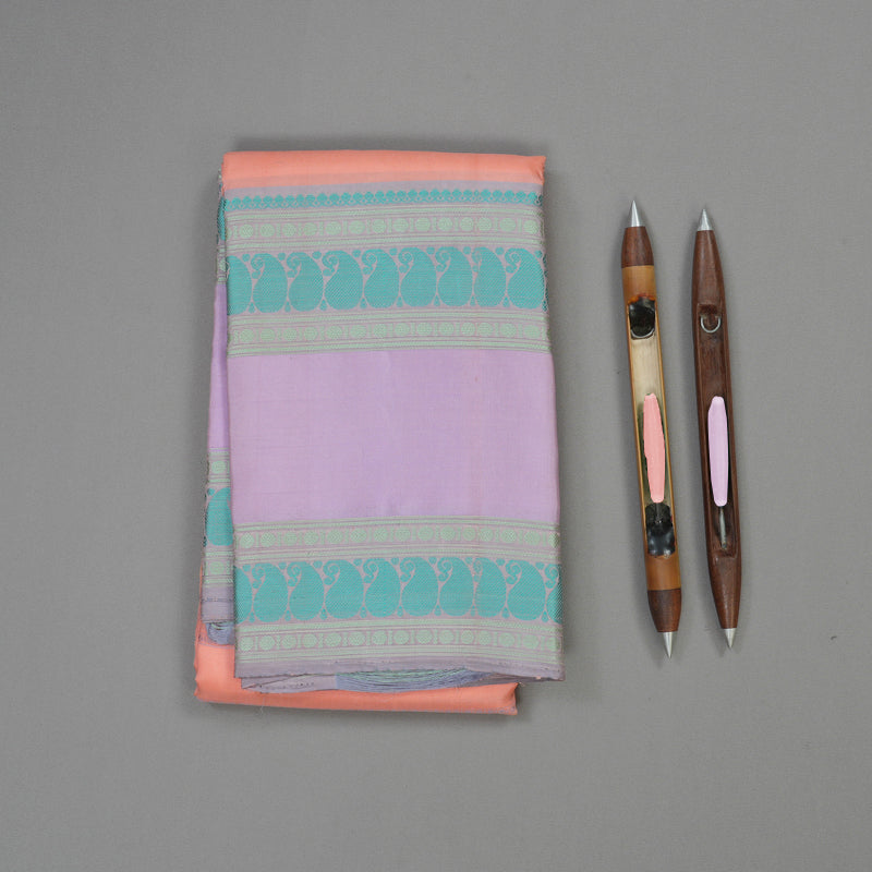 Hayagrivas Handloom Peach Orange Kanjivaram Silk Saree with Lavendar Border KBE247D12-1