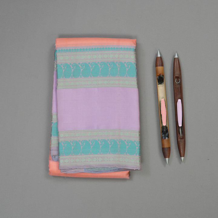 Hayagrivas Handloom Peach Orange Kanjivaram Silk Saree with Lavendar Border KBE247D12-1