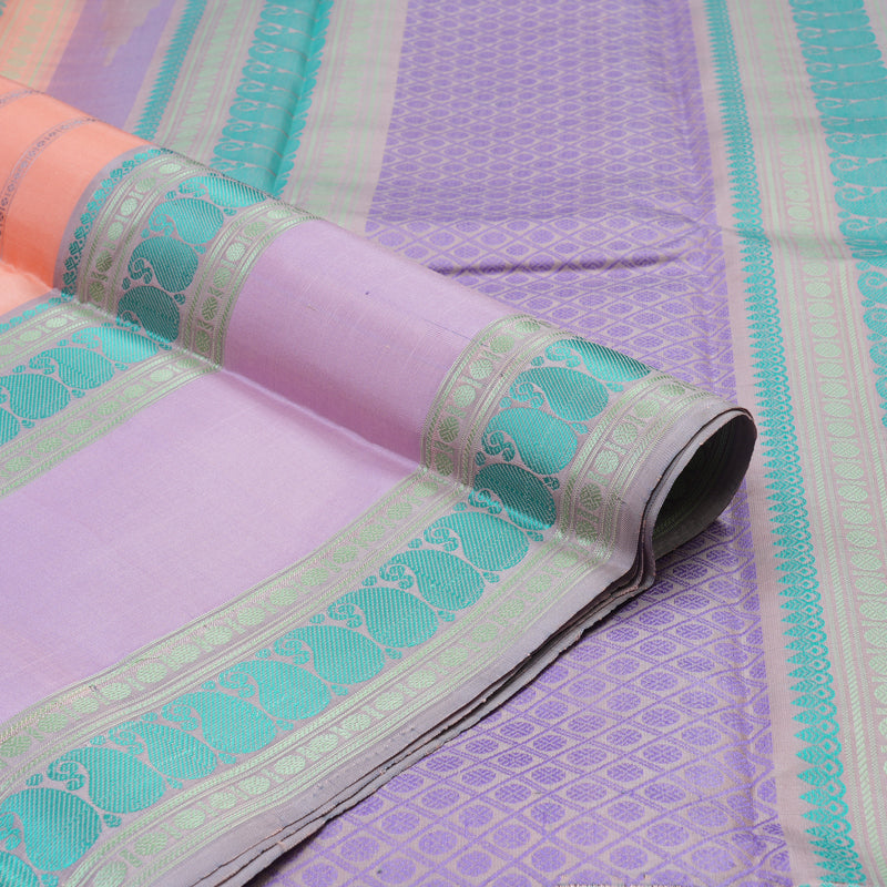 Hayagrivas Handloom Peach Orange Kanjivaram Silk Saree with Lavendar Border KBE247D12-1