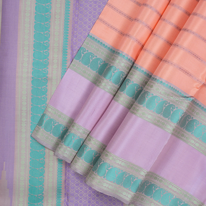 Hayagrivas Handloom Peach Orange Kanjivaram Silk Saree with Lavendar Border KBE247D12-1