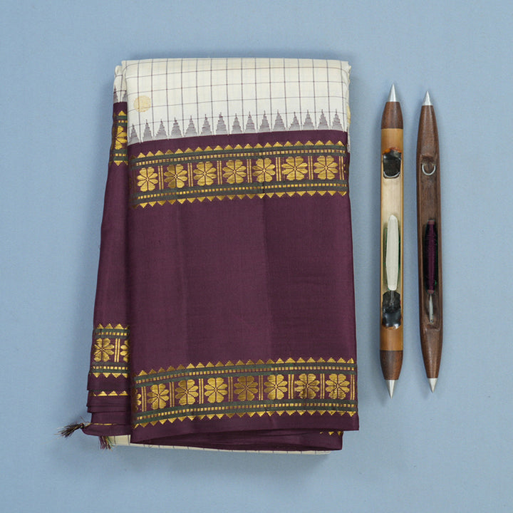 Hayagrivas Handloom Half-White Kanjivaram Silk Saree with Burgundy Border KBE2480C1-1