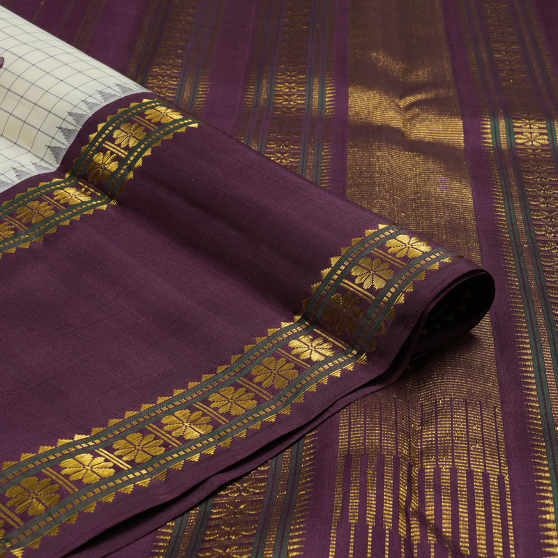 Hayagrivas Handloom Half-White Kanjivaram Silk Saree with Burgundy Border KBE2480C1-1