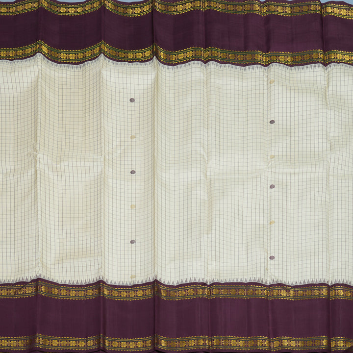 Hayagrivas Handloom Half-White Kanjivaram Silk Saree with Burgundy Border KBE2480C1-1