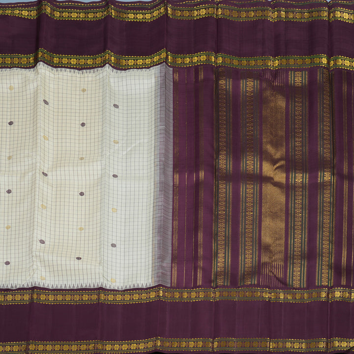 Hayagrivas Handloom Half-White Kanjivaram Silk Saree with Burgundy Border KBE2480C1-1
