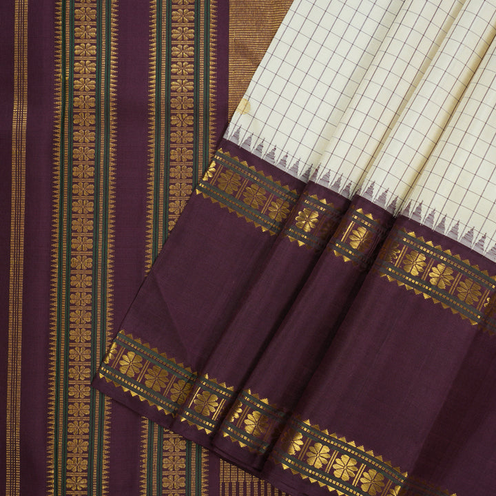 Hayagrivas Handloom Half-White Kanjivaram Silk Saree with Burgundy Border KBE2480C1-1