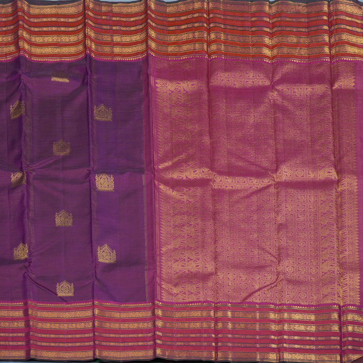 Hayagrivas Handloom Purple Kanjivaram Silk Saree with Orangish-Pink Border KBE2481C7-1
