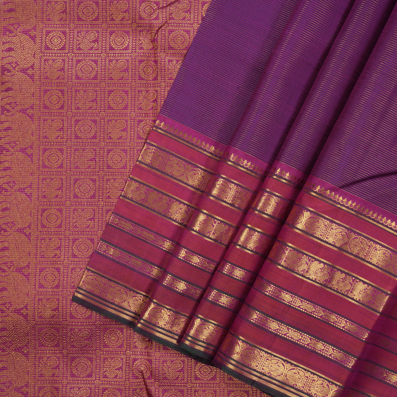 Hayagrivas Handloom Purple Kanjivaram Silk Saree with Orangish-Pink Border KBE2481C7-1