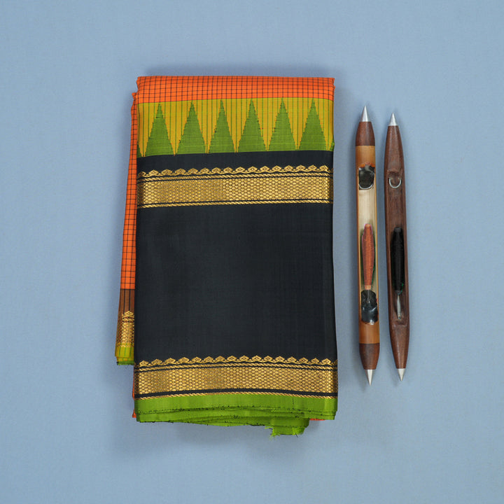 Hayagrivas Handloom Orange Kanjivaram Silk Saree with Black Border KBE2483C14-1