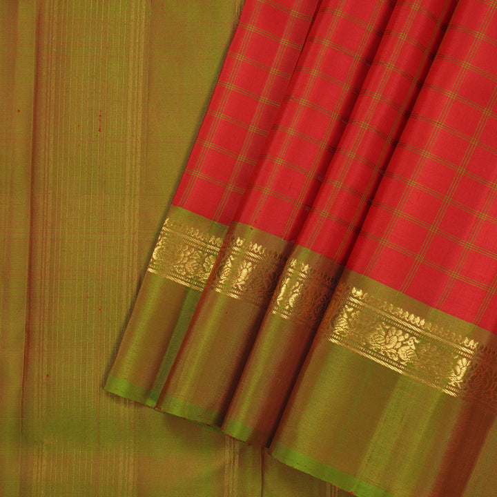 Hayagrivas Handloom Red Kanjivaram Silk Saree with Manthalir Green Border KBE2483C4-2