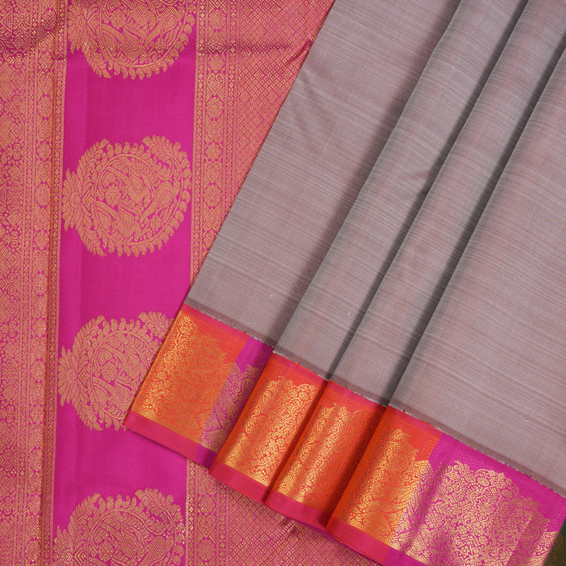 Hayagrivas Handloom Grey-Beige Kanjivaram Silk Saree with Multicolour Border KBE2485C3-1