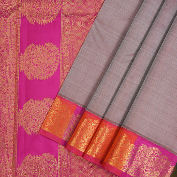 Hayagrivas Handloom Grey-Beige Kanjivaram Silk Saree with Multicolour Border KBE2485C3-1