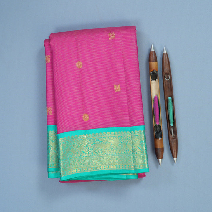 Hayagrivas Handloom Magenta Pink Kanjivaram Silk Saree with Bright Teal Border KBE2493C9-1