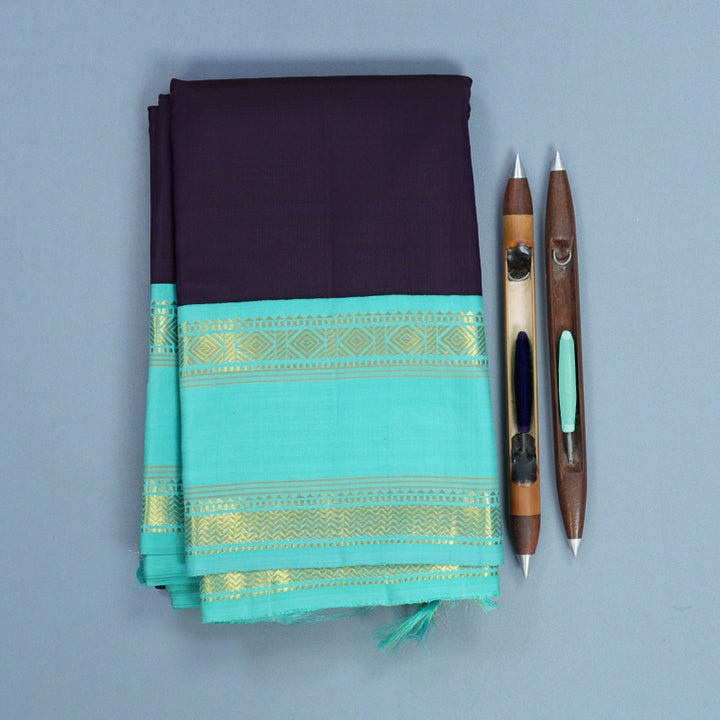Hayagrivas Handloom Dark Purple Kanjivaram Silk Saree with Bright Teal Border KBE2497C1-3