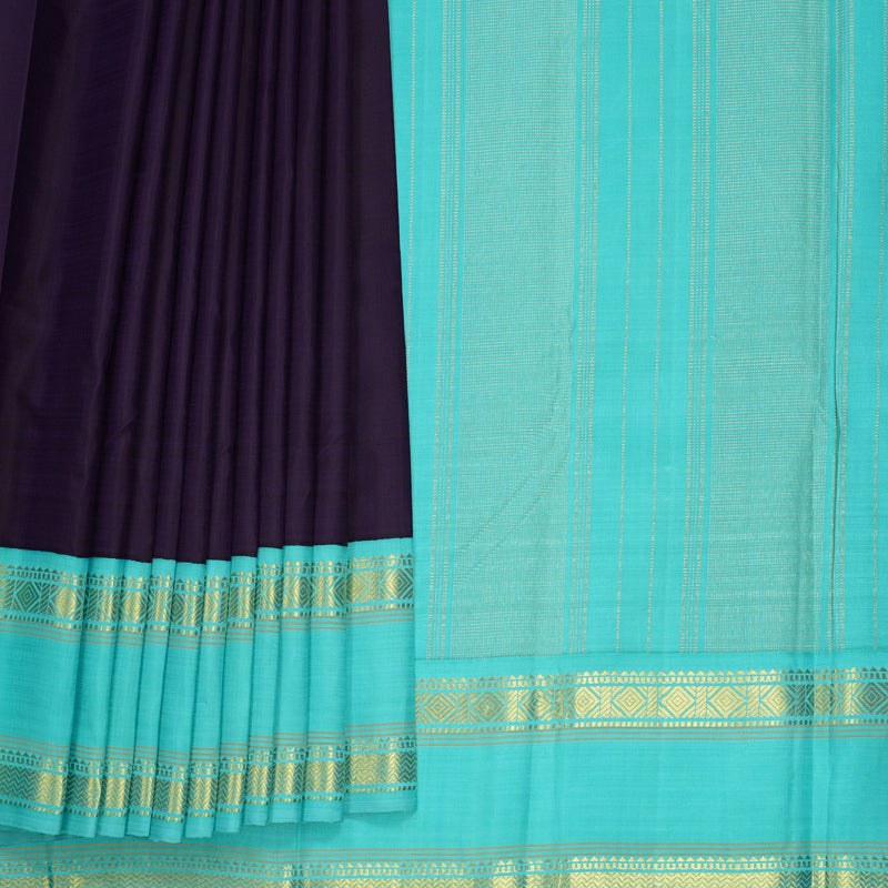 Hayagrivas Handloom Dark Purple Kanjivaram Silk Saree with Bright Teal Border KBE2497C1-3