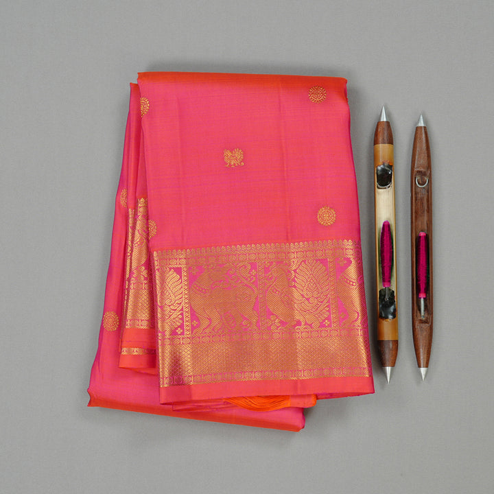Hayagrivas Orangish Pink Handloom Kanjivaram Silk Saree KBE24D4-1