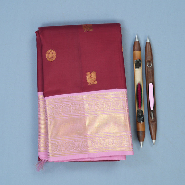 Hayagrivas Handloom Cherry Red Kanjivaram Silk Saree with Rose Pink Border KBE2510C3-3