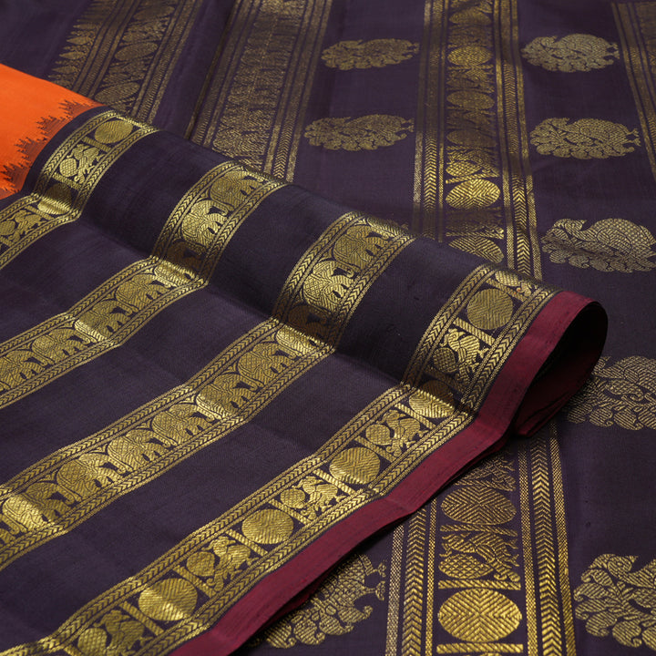 Hayagrivas Handloom Orange Kanjivaram Silk Saree with Deep Jamun Border KBE2514C20-1