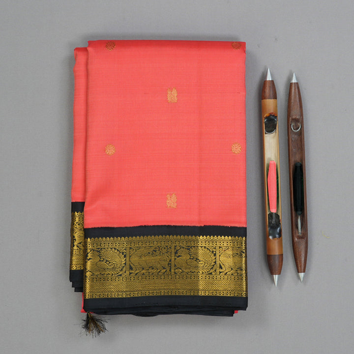 Hayagrivas Handloom Peach Pink Kanjivaram Silk Saree with Black Border KBE2515C4-2