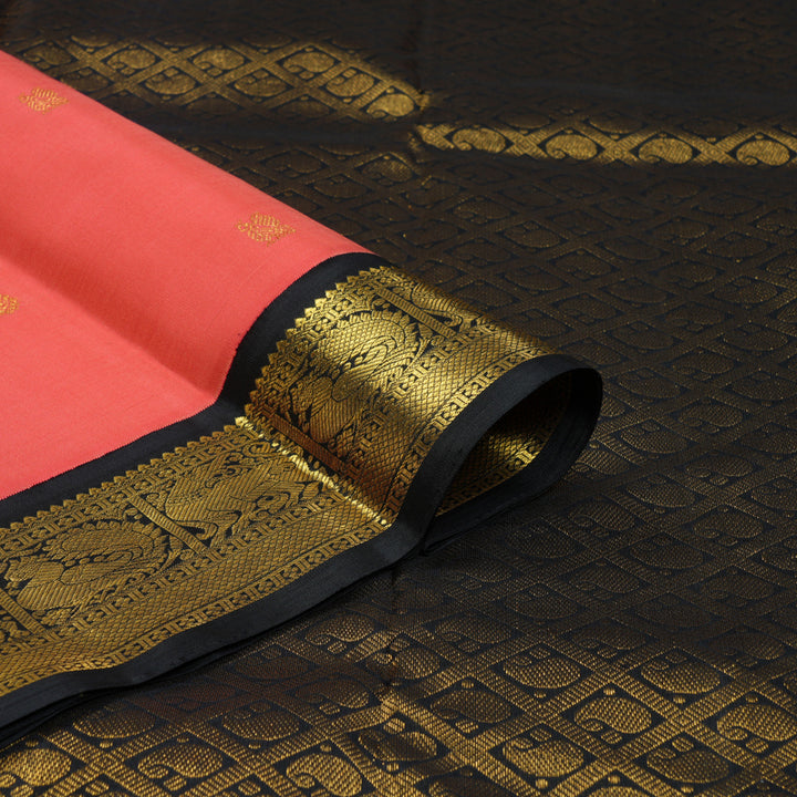 Hayagrivas Handloom Peach Pink Kanjivaram Silk Saree with Black Border KBE2515C4-2