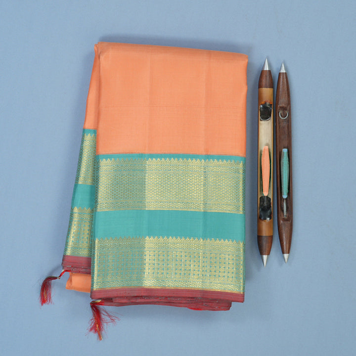 Hayagrivas Handloom Peach Orange Kanjivaram Silk Saree with Sea Blue Border KBE2518C2-1