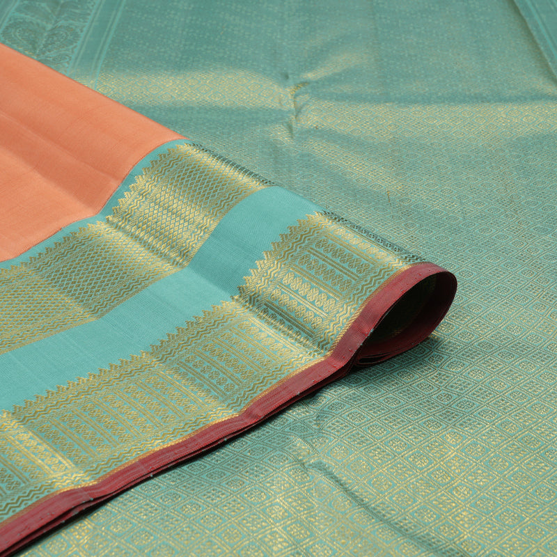 Hayagrivas Handloom Peach Orange Kanjivaram Silk Saree with Sea Blue Border KBE2518C2-1