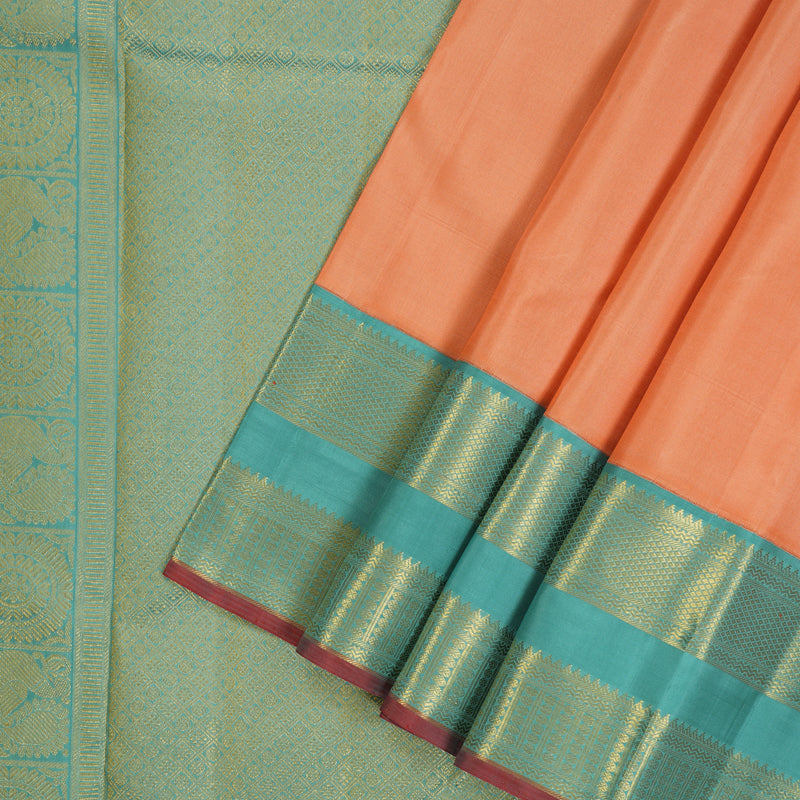 Hayagrivas Handloom Peach Orange Kanjivaram Silk Saree with Sea Blue Border KBE2518C2-1