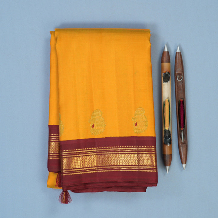 Hayagrivas Handloom Manjal Kanjivaram Silk Saree with Maroon Border KBE2518C4-1