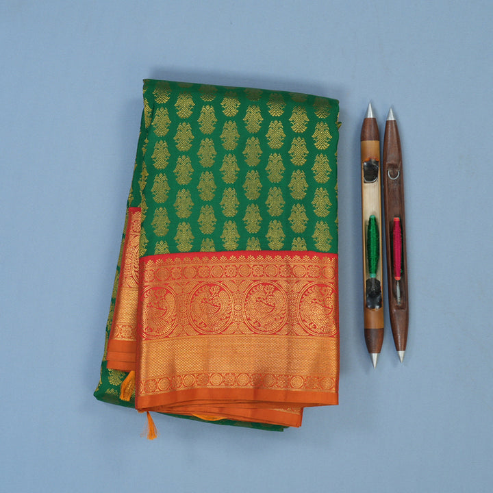 Hayagrivas Handloom Dark Green Kanjivaram Silk Saree with Red Border KBE2518C5-1