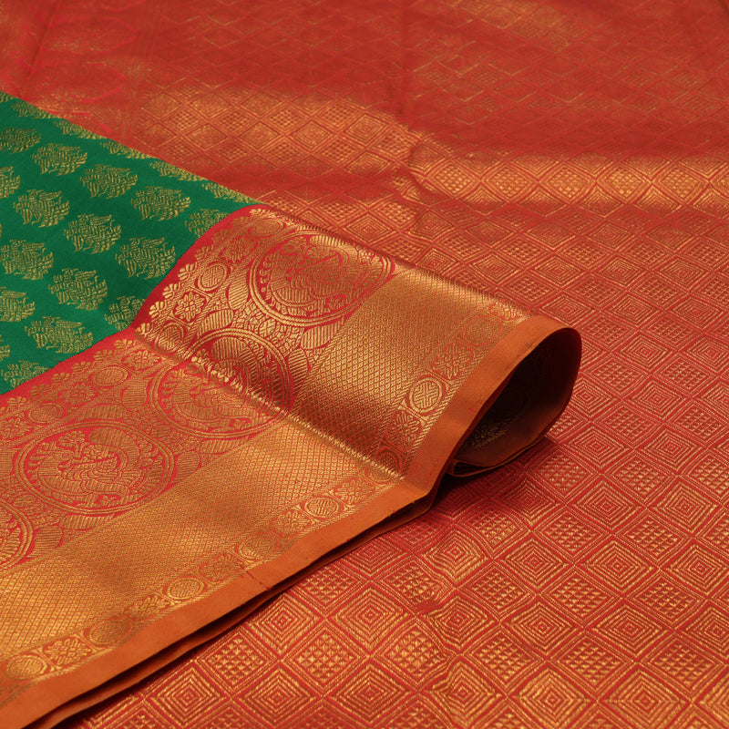 Hayagrivas Handloom Dark Green Kanjivaram Silk Saree with Red Border KBE2518C5-1