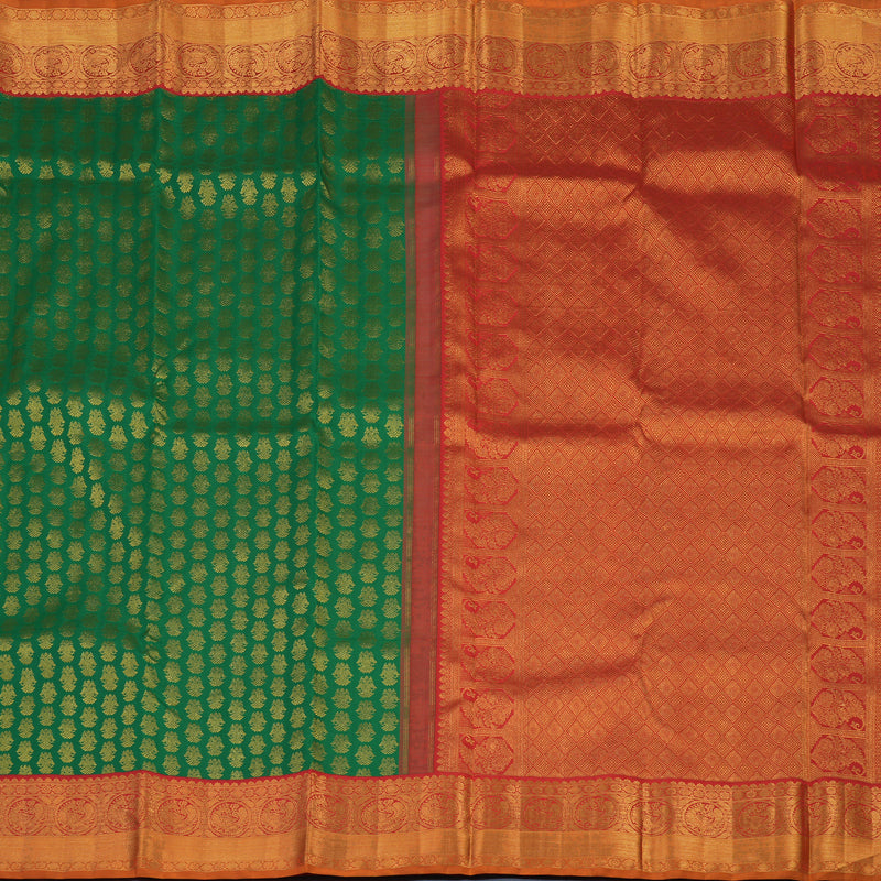 Hayagrivas Handloom Dark Green Kanjivaram Silk Saree with Red Border KBE2518C5-1