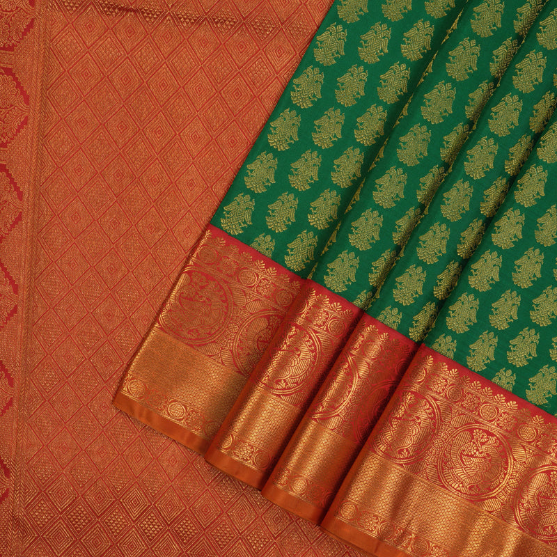 Hayagrivas Handloom Dark Green Kanjivaram Silk Saree with Red Border KBE2518C5-1