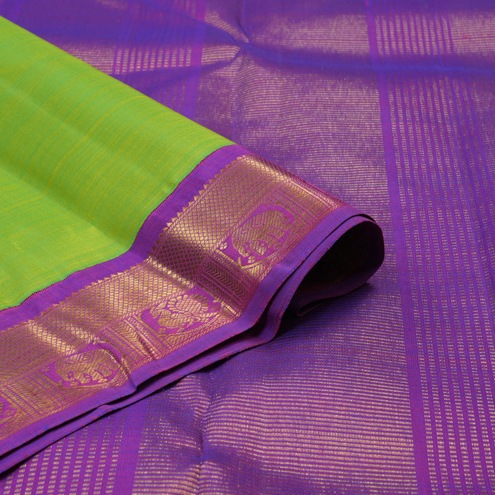 Hayagrivas Handloom Fluorescent Green Kanjivaram Silk Saree with Purple Border KBE2519C12-1