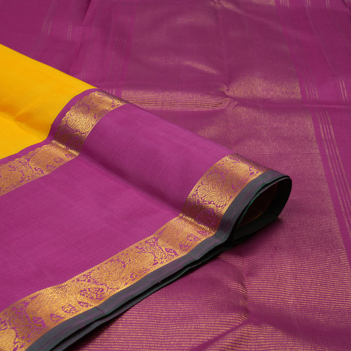 Hayagrivas Handloom Yellow Kanjivaram Silk Saree with Purple Border KBE2519C13-1