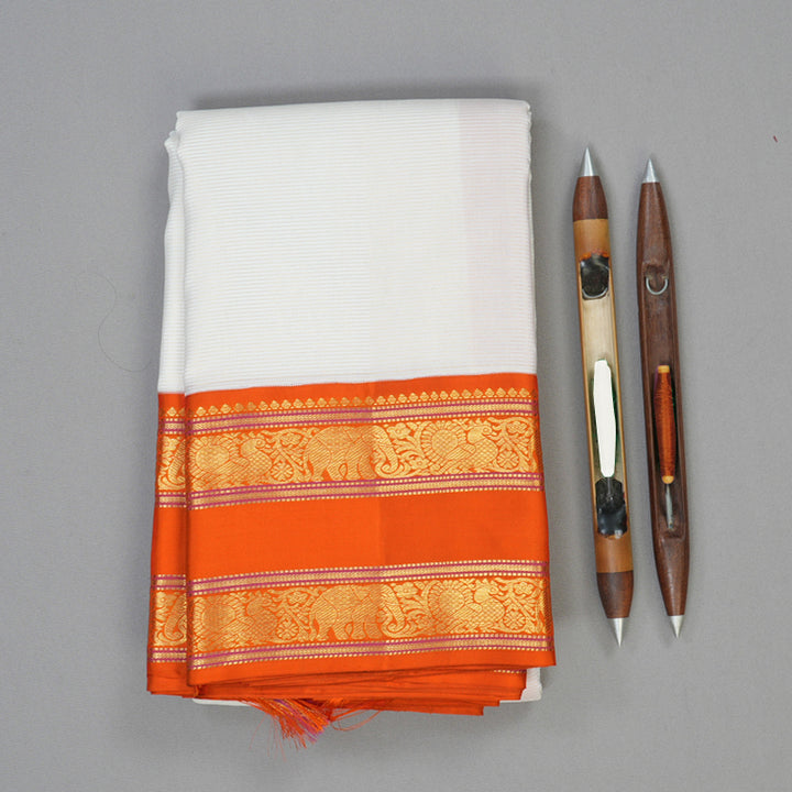 Hayagrivas Handloom Milk-White Kanjivaram Silk Saree with Orange Border KBE2519C14-1