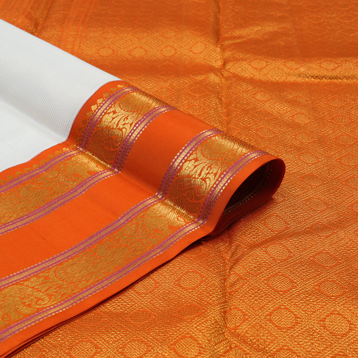 Hayagrivas Handloom Milk-White Kanjivaram Silk Saree with Orange Border KBE2519C14-1