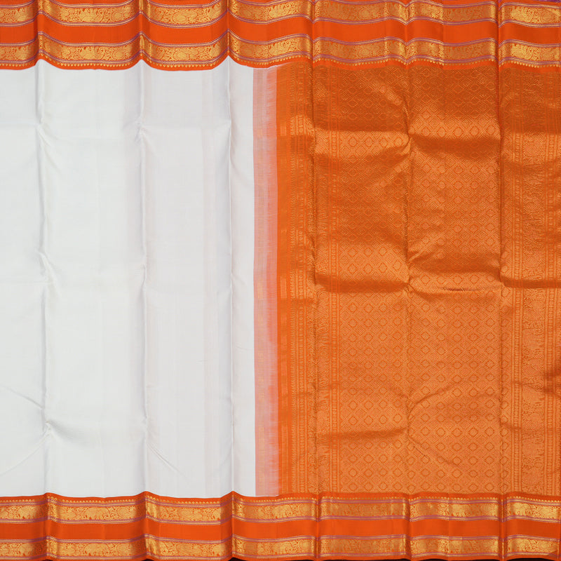 Hayagrivas Handloom Milk-White Kanjivaram Silk Saree with Orange Border KBE2519C14-1
