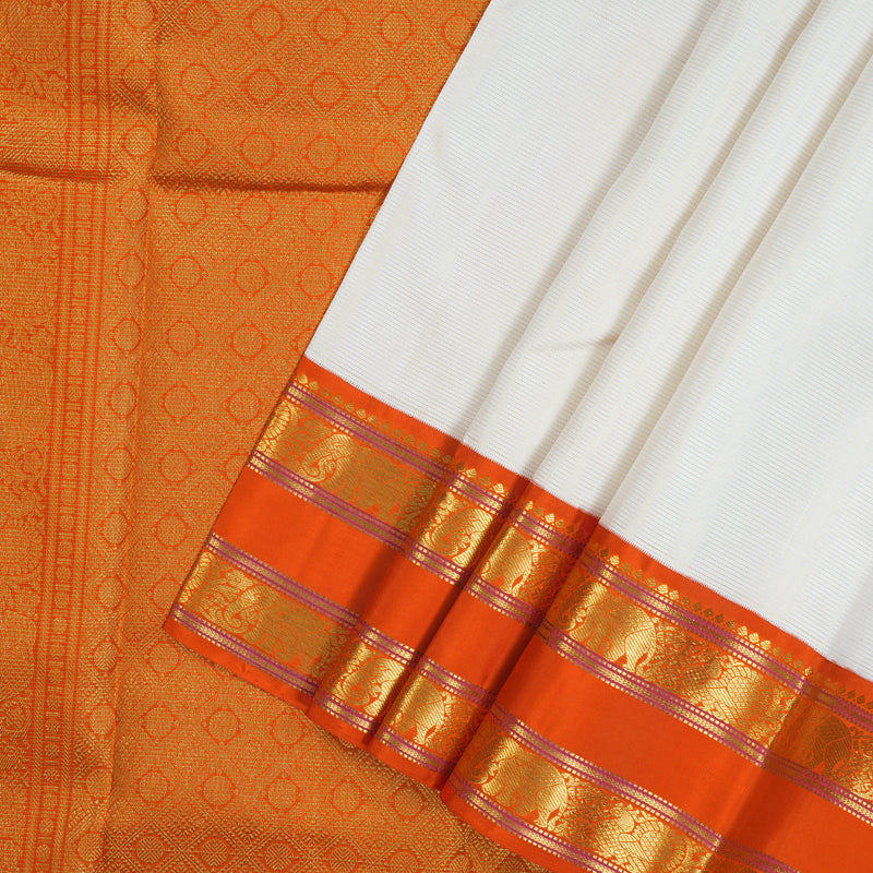 Hayagrivas Handloom Milk-White Kanjivaram Silk Saree with Orange Border KBE2519C14-1