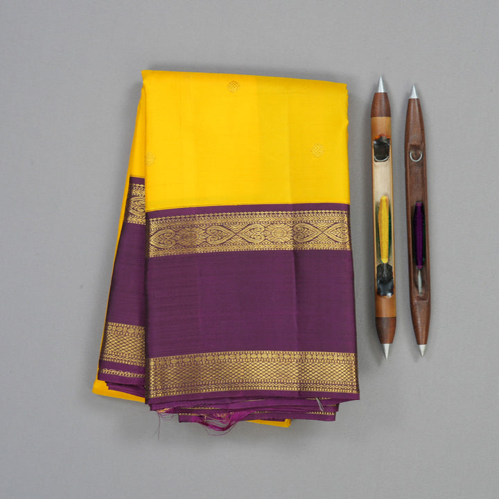 Hayagrivas Handloom Yellow Kanjivaram Silk Saree with Purple Border KBE2519C8-1